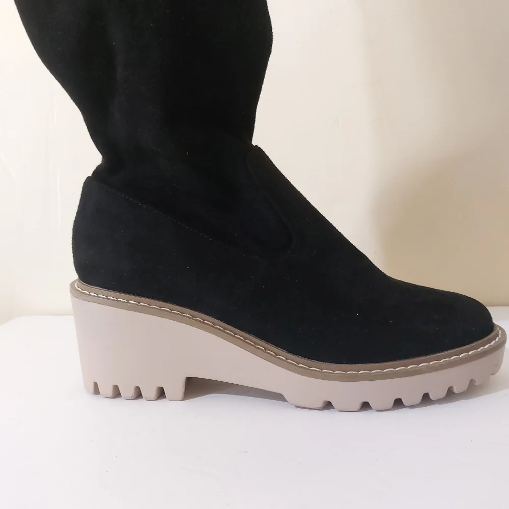 Nicole Miller Bass Black Vegan Leather Grunge Over The Knee Chunky Heeled Boot - Picture 8 of 13